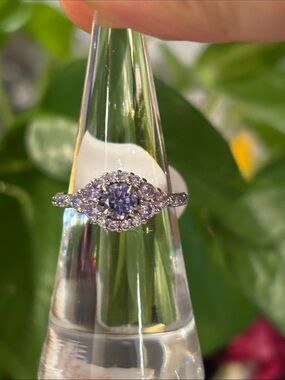 Dainty Silver Lavender Halo Ring with Cubic Zirconia